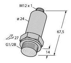 Technische Zeichnung eines zylindrischen Gewindebolzens: M12 x 1, Durchmesser 24 mm, Höhe 67,5 mm, G1/2B mit 14 mm Länge.