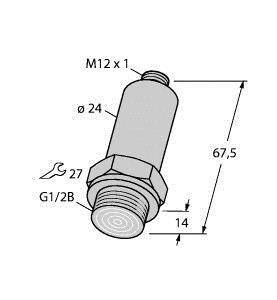 Technische Zeichnung eines zylindrischen Bauteils mit Maßen: Länge 67,5; Durchmesser 24; Gewinde M12 x 1; Anschluss G1/2B.