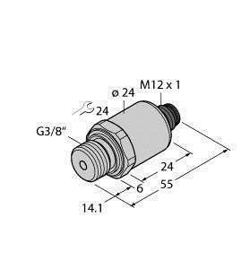 Technische Zeichnung eines zylindrischen Bauteils mit M12x1 und G3/8'' Gewinden, 55 mm Gesamtlänge, mit Maßangaben.