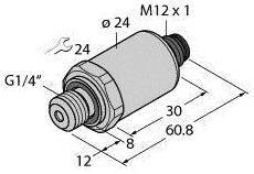 Technische Zeichnung eines zylindrischen Teils mit metrischen Maßen: Länge 60,8 mm, G1/4" Anschluss, M12x1 Gewinde oben.