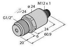 'Illustration eines zylindrischen Bauteils mit Gewinde. Maße: Gesamtlänge 60,9 mm, Durchmesser 24 mm, Gewinde M12 x 1, G1/2".'