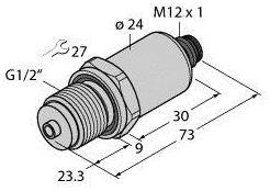 Technische Zeichnung eines zylindrischen Teils mit Maßen. Markiert sind Länge 73 mm, Durchmesser 24 mm, Gewinde G1/2" und M12 x 1.