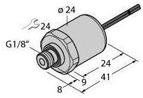 Technische Zeichnung eines zylindrischen Sensors mit Maßen: Durchmesser 24 mm, Gesamtlänge 41 mm, Schraubengewinde G1/8 Zoll.