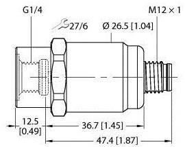 Technische Zeichnung eines Ventils mit Maßen: G1/4 und M12x1 Gewinde, Länge 47,4 mm, Breite 12,5 mm, Innendurchmesser 26,5 mm.