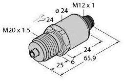 Eine technische Zeichnung eines zylindrischen Metallteils mit Gewinden und Abmessungen: Gesamtlänge 65,9 mm, Durchmesser 24 mm.