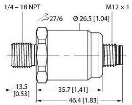 Technische Zeichnung eines Gewindeadapters mit Abmessungen: Länge 46,4 mm, Durchmesser 26,5 mm, Gewinde 1/4 - 18 NPT und M12 x 1.