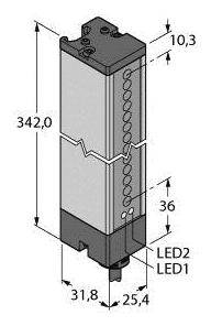 Technische Zeichnung eines elektrischen Bauteils mit Abmessungen: Höhe 342,0 mm, Breite 31,8 mm, Tiefe 25,4 mm, LED-Anzeigen.
