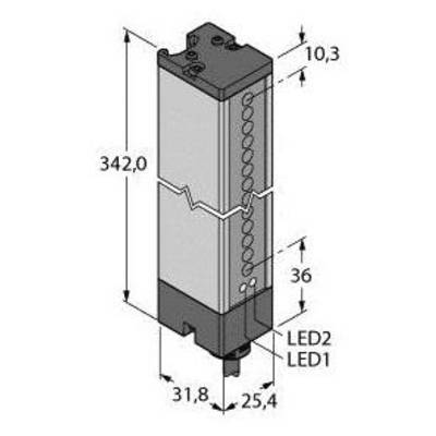 Technische Zeichnung eines elektrischen Bauteils mit Abmessungen: Höhe 342,0 mm, Breite 31,8 mm, Tiefe 25,4 mm, LED-Anzeigen.