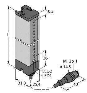Technische Zeichnung eines Sensors. Abmessungen: 31,8 x 25,4 x 10,3 mm. LED1 und LED2 sind markiert. Anschluss: M12 x 1, Durchmesser 14,5 mm.