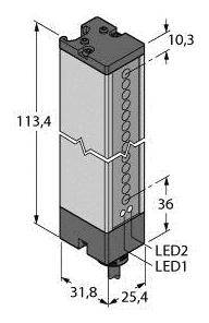 'Technische Zeichnung eines rechteckigen elektronischen Bauteils mit Abmessungen: Höhe 113,4 mm, Breite 31,8 mm, Tiefe 25,4 mm, obere Breite 10,3 mm. Zwei LEDs markiert als LED1 und LED2.'