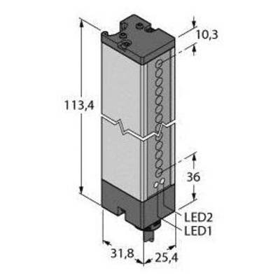 'Technische Zeichnung eines rechteckigen elektronischen Bauteils mit Abmessungen: Höhe 113,4 mm, Breite 31,8 mm, Tiefe 25,4 mm, obere Breite 10,3 mm. Zwei LEDs markiert als LED1 und LED2.'