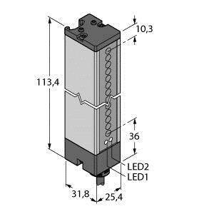 Diagramm eines rechteckigen Bauteils mit Maßen: Höhe 113,4 mm, Breite 31,8 mm, Tiefe 25,4 mm. Beschriftet mit 'LED2' und 'LED1'.