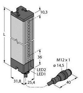 Technische Zeichnung eines rechteckigen Sensors mit Anschlussmaß M12 x 1, Länge 10,3 cm. Es zeigt LED-Positionen und Anschlussdetails.