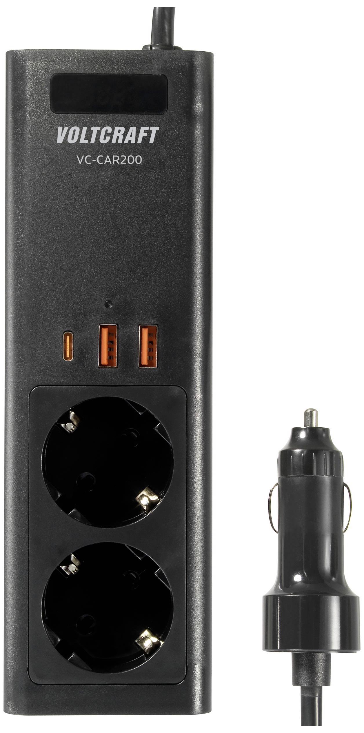 Steckdosenleiste mit zwei Schuko-Steckdosen und zwei USB-Anschlüssen, inklusive Autoadapterstecker.