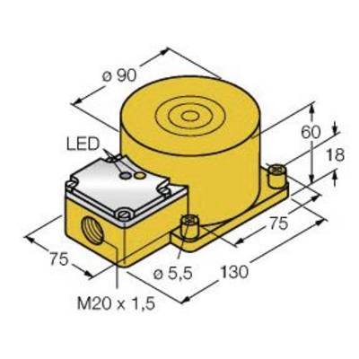 Technische Zeichnung einer runden, gelben Komponente mit LED-Anzeige. Maße: Durchmesser 90 mm, Höhe 60 mm, Basis 130x75 mm, Gewinde M20 x 1,5.