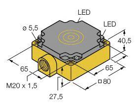 Technische Zeichnung eines elektrischen Gehäuses mit LED-Anzeigen. Maße: 65 mm x 65 mm x 40,5 mm. Anschluss: M20 x 1,5.