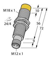 Illustration eines Metall-Zylinders mit Gewinde, gekennzeichnet 'M18 x 1' oben und 'M12 x 1' unten; Länge 72 mm, markiert.