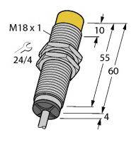 Illustration eines zylindrischen Sensors mit Gewinde M18 x 1. Detaillierte Maße: Länge 60 mm, weitere Abmessungen als Diagramm dargestellt.