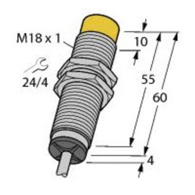 Illustration eines zylindrischen Sensors mit Gewinde M18 x 1. Detaillierte Maße: Länge 60 mm, weitere Abmessungen als Diagramm dargestellt.