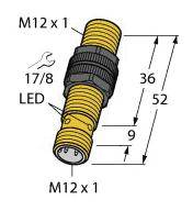 'Darstellung eines M12-Steckverbinders mit den Maßen 17/8, 36, 52 und 9 mm. LED-Hinweis und Gewinde M12x1 sind markiert.'