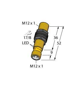 Abbildung eines M12-Steckverbinders mit LED, Gewindemaße 'M12 x 1', Gesamtlänge 52 mm, Details zur Verschraubung und Abmessungen.