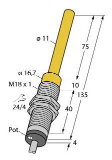 Diagramm einer Zündkerze mit Abmessungen: Gesamtlänge 135 mm, Gelb markierter Teil 75 mm, Gewinde M18 x 1.