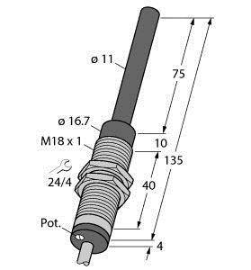 Technische Zeichnung einer Zündkerze mit Maßen: Gesamtlänge 135 mm, Gewinde M18 x 1, Schlüsselweite 24/4. Schaftdurchmesser 11 mm.