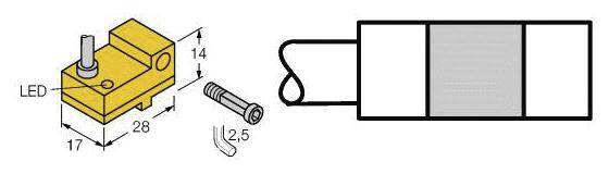 'CAD-Zeichnung eines gelben Sensors mit LED und Schraube. Maße: 28 x 17 x 14 mm. Schraubendrehergröße: 2,5 mm.'