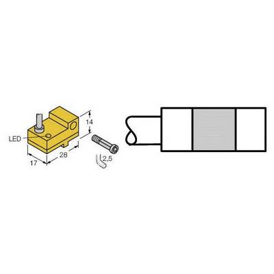 'CAD-Zeichnung eines gelben Sensors mit LED und Schraube. Maße: 28 x 17 x 14 mm. Schraubendrehergröße: 2,5 mm.'