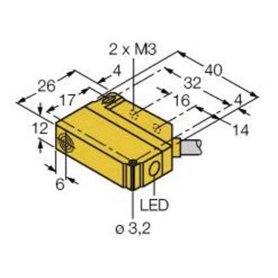 Technische Zeichnung eines gelben Bauteils mit Maßen in Millimetern. Maße: 40x17x32 mm, Befestigungspunkt für 2x M3 Schrauben, LED-Anzeige.