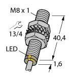 'Abbildung eines M8 x 1 Sensors mit LED-Anzeige. Größe 40,4 mm lang und 1,6 mm dick. Schraubenschlüsselgröße 13/4.'