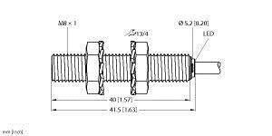 Technische Zeichnung eines Metallzylinders mit Außengewinde und LED an einem Ende. Maße: M8x1, Durchmesser 5,2 mm, Länge 41,5 mm.