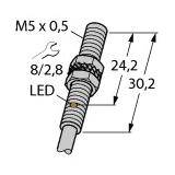 Technische Zeichnung eines M5-Schraubgewindes mit den Maßen 24,2 mm und 30,2 mm. Beinhaltet Referenz zu LED und Werkzeug.