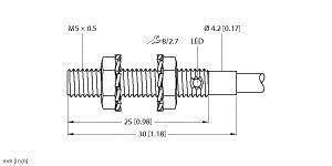 Technische Zeichnung einer LED-Schraube mit Gewinde, Abmessungen sind 25 mm Gesamtlänge, M5 x 0,5 Gewinde, 8,2 mm Durchmesser.