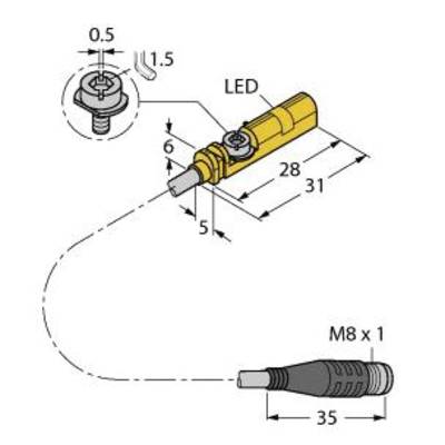 Technische Zeichnung: Ein zylindrischer Stecker zeigt Maße und Details, wie LED-Position und Gewinde. Die Schraubverbindung ist M8 x 1.