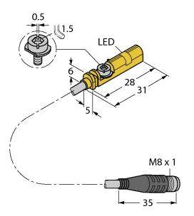 'Technische Zeichnung eines Steckverbinders: Länge 31 mm, LED-Anzeige, Gewindegröße M8. Schraube mit 0,5 mm Höhe und 1,5 mm Abstand.'