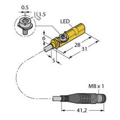 Technische Zeichnung eines Steckers mit LED-Anzeige. Zeigt Maße: Länge 41,2 mm, Außendurchmesser Gewinde M8x1. Weitere Details: LED, Skizze der Schraubverbindung.