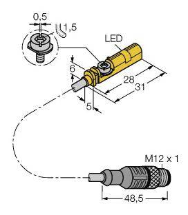 Steckerdiagramm zeigt einen M12-Anschluss mit LED-Anzeige. Maße: 48,5 mm Gesamtlänge, 28 mm LED. Schraubengröße: 0,5 x 1,5.