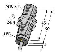 Abbildung einer Zündkerze mit Bezeichnungen: 'M18 x 1' Gewinde, 'LED', Schlüsselweite '24/4'. Maße: 50 mm Länge, 45 mm Gehäuselänge, 4 mm.