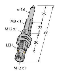 Montageplan einer Sensorbaugruppe mit Abmessungen: Länge 88 mm, Gewinde M8x1 und M12x1, LED-Anzeige, Spitze Ø4,6 mm.
