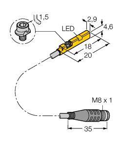 Abbildung zeigt technische Zeichnung eines LED-Bauteils mit Steckverbindung M8x1. Abmessungen: 2,9 mm, 4,6 mm, 18 mm, 20 mm, 35 mm.