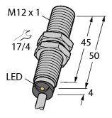 Technische Zeichnung eines Zylinders mit M12 x 1-Gewinde, einer LED-Anzeige, einer Schraubenschlüsselgröße von 17/4 und Maßen 50 mm Gesamtlänge.