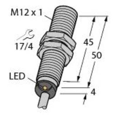 Technische Zeichnung eines Zylinders mit M12 x 1-Gewinde, einer LED-Anzeige, einer Schraubenschlüsselgröße von 17/4 und Maßen 50 mm Gesamtlänge.