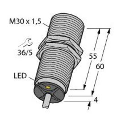 Technische Zeichnung eines zylindrischen Sensors. Maße: 60 mm Länge, 30 mm Durchmesser. Mit LED-Anzeige und einem Schlüsselmaß von 36/5.