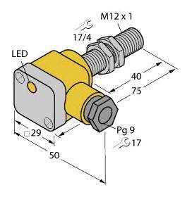 Technische Zeichnung eines Winkelsensors mit den Maßen: Länge 50 mm, Höhe 40 mm, Breite 29 mm. Anschluss M12 x 1, LED-Anzeige, Schraubverbindung Pg 9.