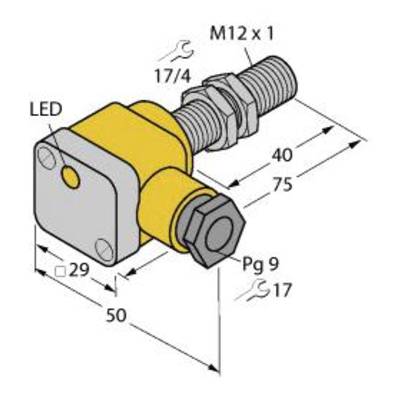 Technische Zeichnung eines Winkelsensors mit den Maßen: Länge 50 mm, Höhe 40 mm, Breite 29 mm. Anschluss M12 x 1, LED-Anzeige, Schraubverbindung Pg 9.