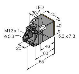 Technische Zeichnung eines rechteckigen Sensors mit M12-Stecker und LED. Maße: 65x40x40 mm. Seitenansichten und Bohrungsgröße dargestellt.