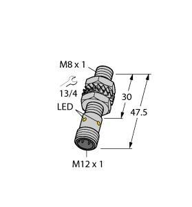 Das Bild zeigt einen technischen Steckverbinder mit M8 und M12 Gewinde. Maße: Länge 47,5 mm, Durchmesser 13/4 mm, LED-Anzeige.