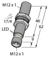 Technische Zeichnung eines zylindrischen Sensors mit Maßen: Gesamtlänge 62 mm, Durchmesser M12x1, LED-Anzeige, Schraubenschlüsselgröße 17/4.
