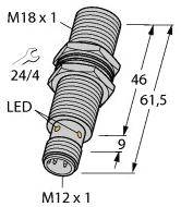 Technische Zeichnung eines zylindrischen Sensors mit LED-Anzeige. Maße: 61,5 mm Länge, 9 mm LED-Position, Gewinde M18x1 und M12x1.